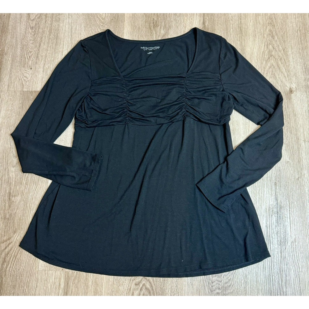 Soft Surroundings Top Womens Black Large Long Sleeve‎ Blouse Ruched Square Neck